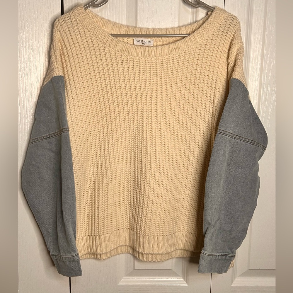 Vestique‎ Women’s Stevie Cream Knit Sweater with Denim-Effect Sleeves Size S/M